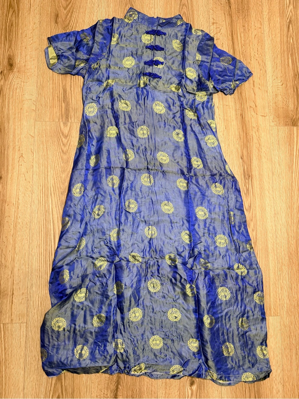 Vintage Chinese Cheongsam Qipao Maxi Dress Blue Gold Medallion Frog Button M